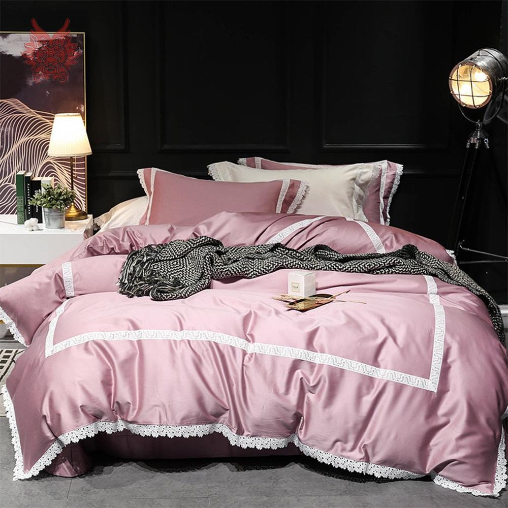 Pink and Gold Bedroom Set Elegant Luxury 100s Cotton Tribute Silk Bedding Set Palace Style White Lace Decor Pink Grey Purple Duvet Cover Set Jogo De Cama Sp5544