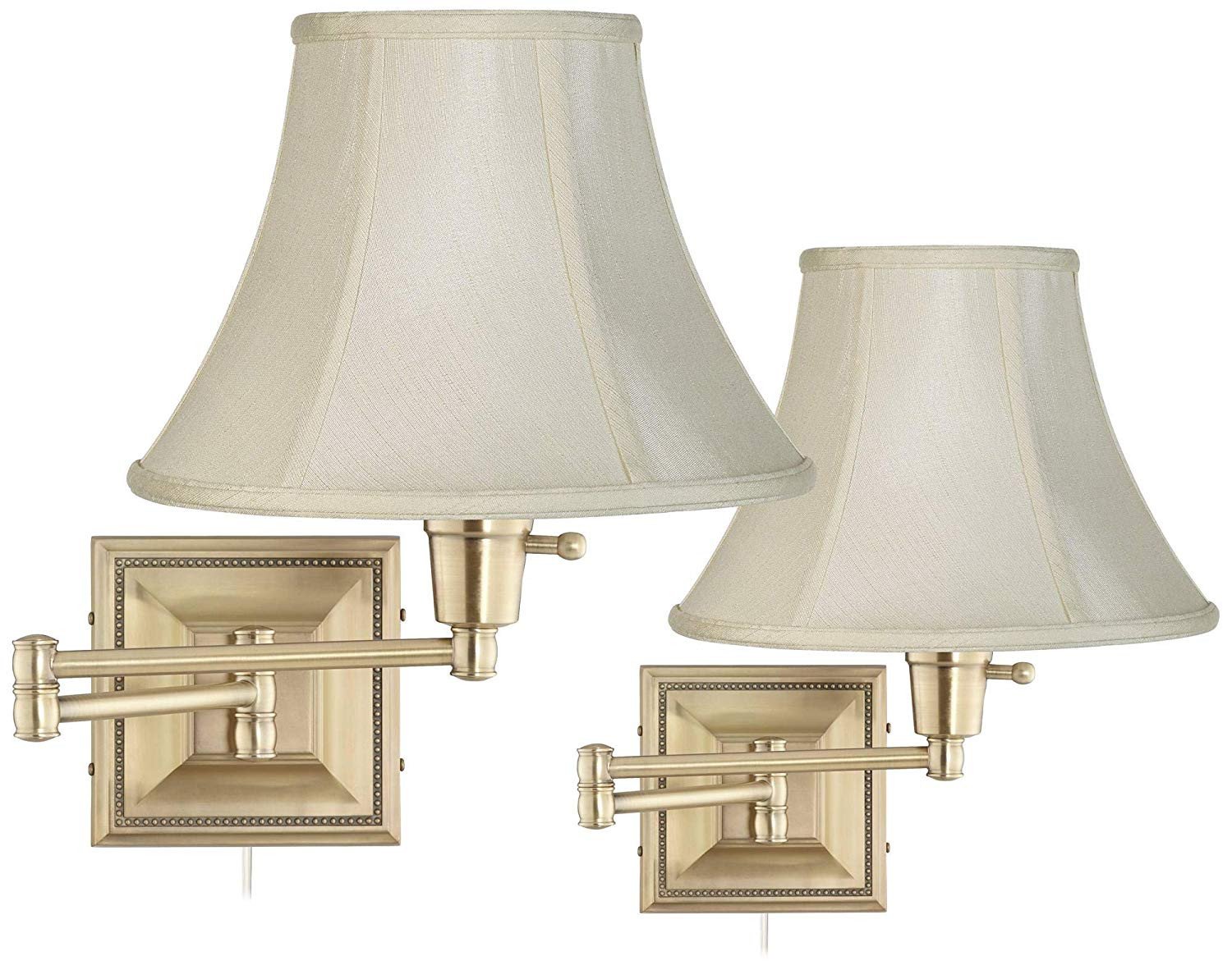 Plug In Wall Lamps for Bedroom Luxury Set Of 2 Brass Finish Creme Shade Swing Arm Wall Lamps