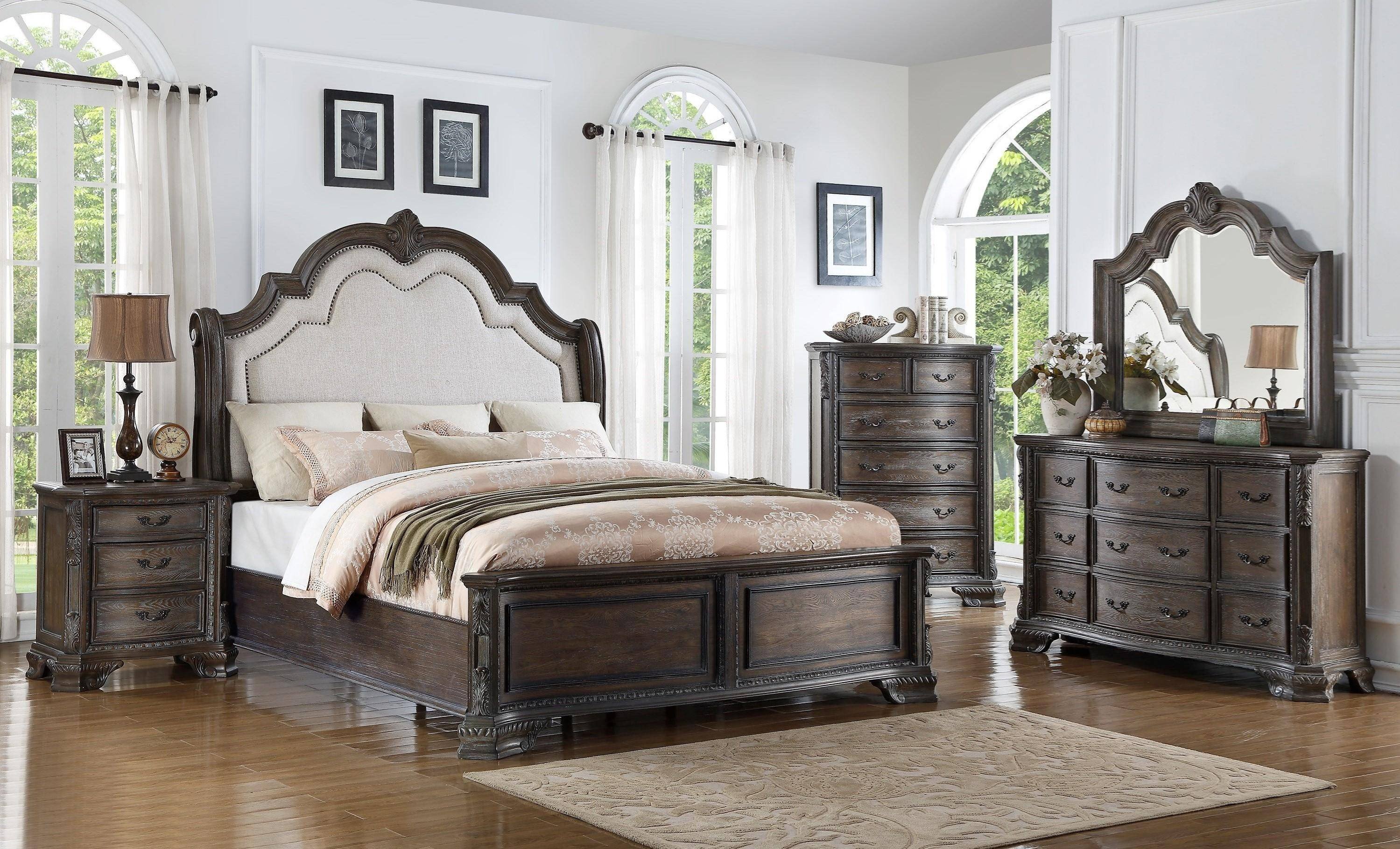 Solid Oak Bedroom Furniture New Crown Mark B1120 Sheffield Queen Panel Bed In Gray Fabric