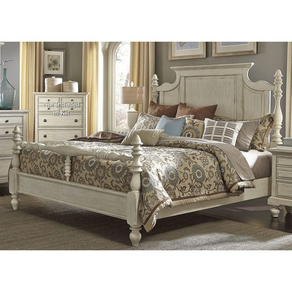 Used Queen Bedroom Set Luxury Farmhouse King Size Country Pine solid Wood White 4 Poster