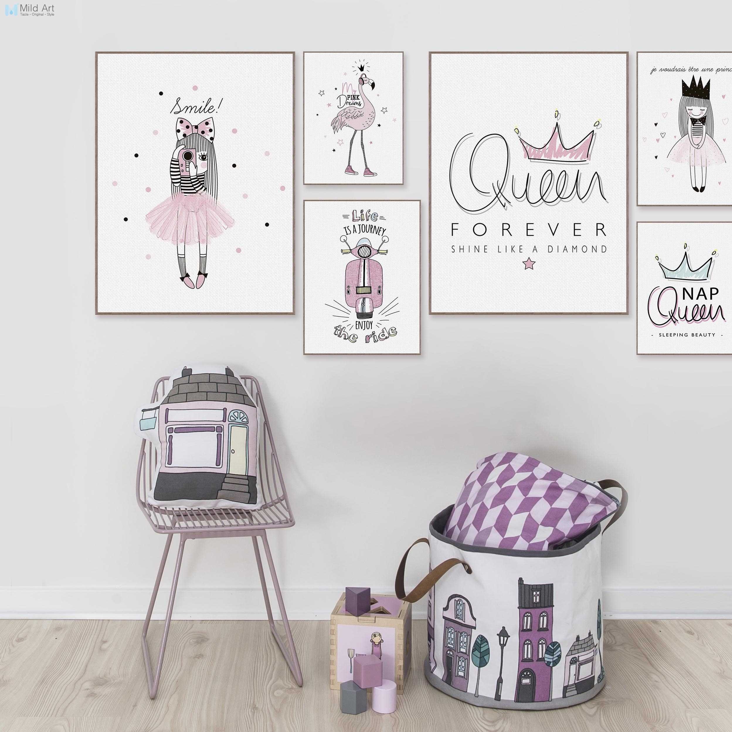 Wall Decoration for Girls Bedroom Luxury Pink Princess Queen Flamingo Typography Quotes Posters and Prints nordic Girls Room Wall Art Home Decor Canvas Painting