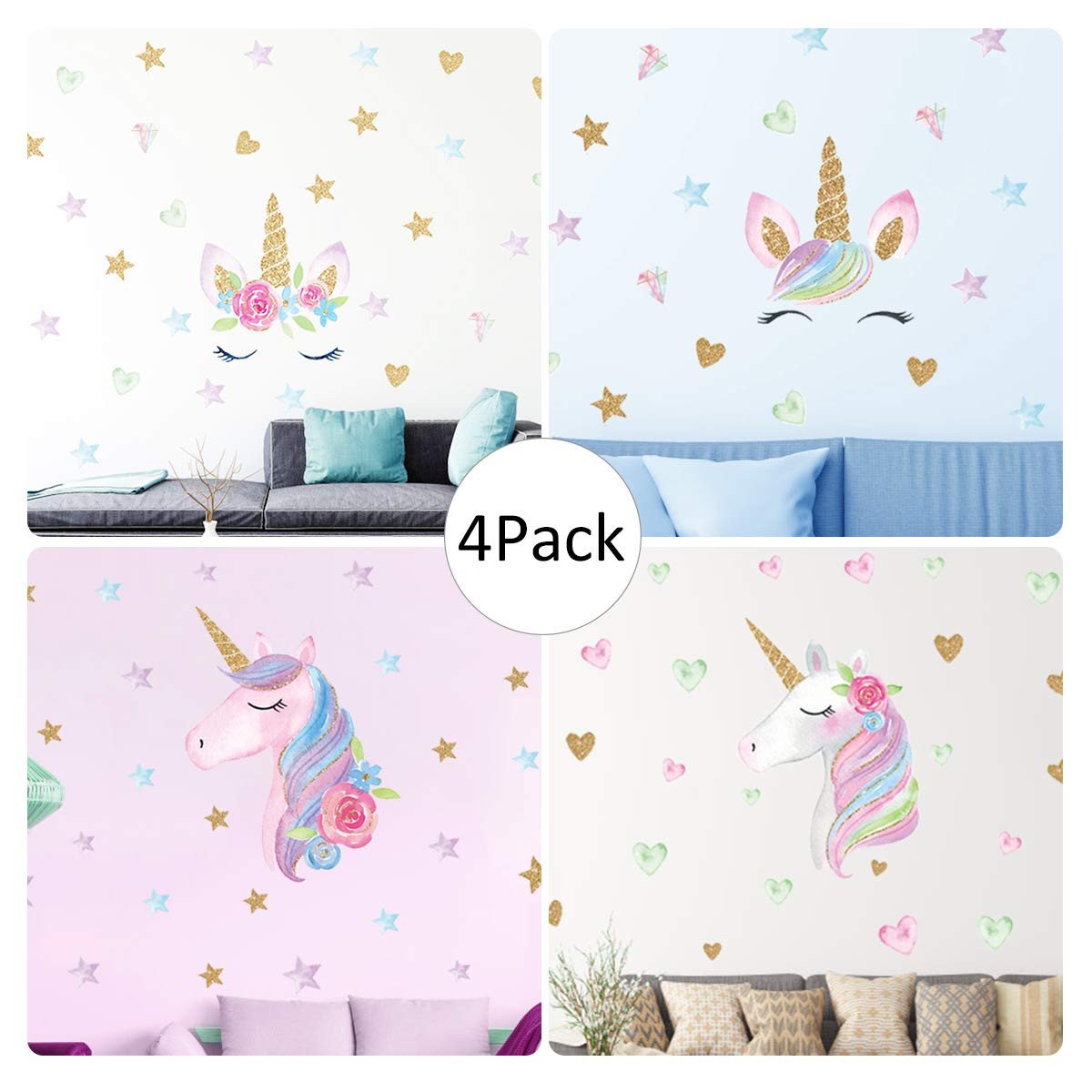 Wall Decoration for Girls Bedroom Unique Unicorn Wall Decal 4 Pack 4 Styles Unicorn Wall Stickers Decor with Heart &amp; Stars for Girls Bedroom Home Decorations