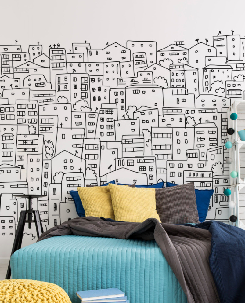 Wall Mural Ideas for Bedroom Beautiful Black and White City Sketch Mural In 2020