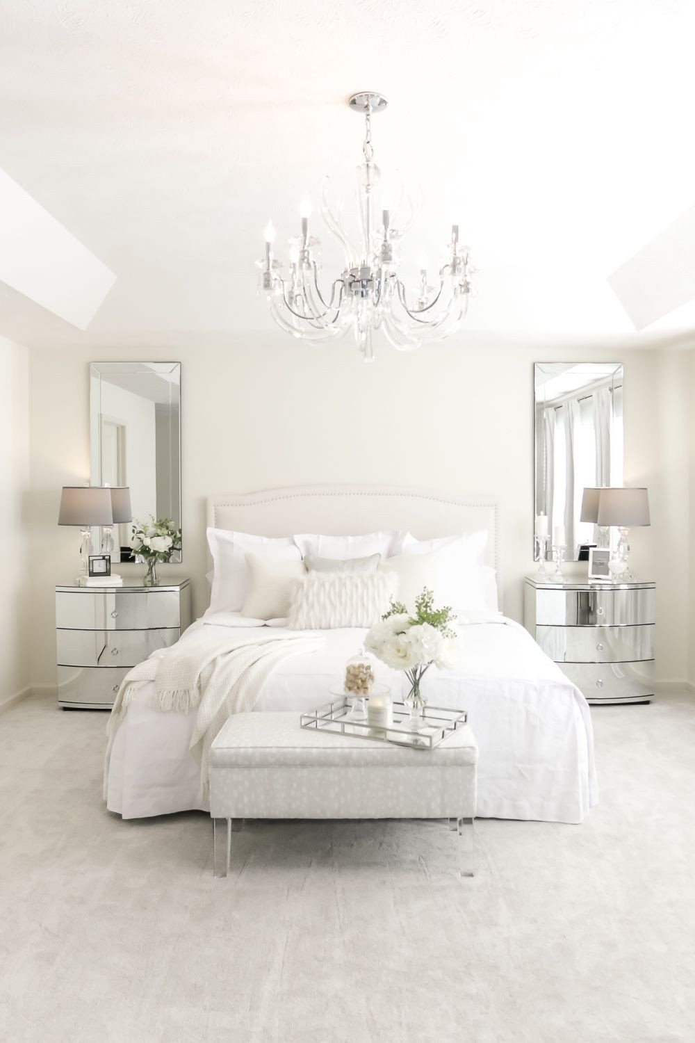 White Master Bedroom Furniture Awesome Mirrored Nightstands Chandelier and All White Bedding You
